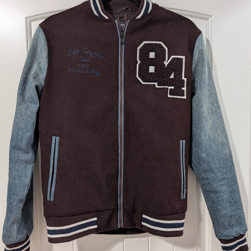 American Rag Bomber Jacket Brown and Blue Varsity Style